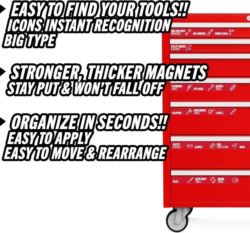 Itera Toolbox Organization Magnetic Labels - 80 Large, Tool Chest Organizer Labels with Strong Magnets & Easy to Read Printing - Fits All Brands of Steel Tool Box Drawers (Red 3.125 x 1.0 Inches) - Image 4
